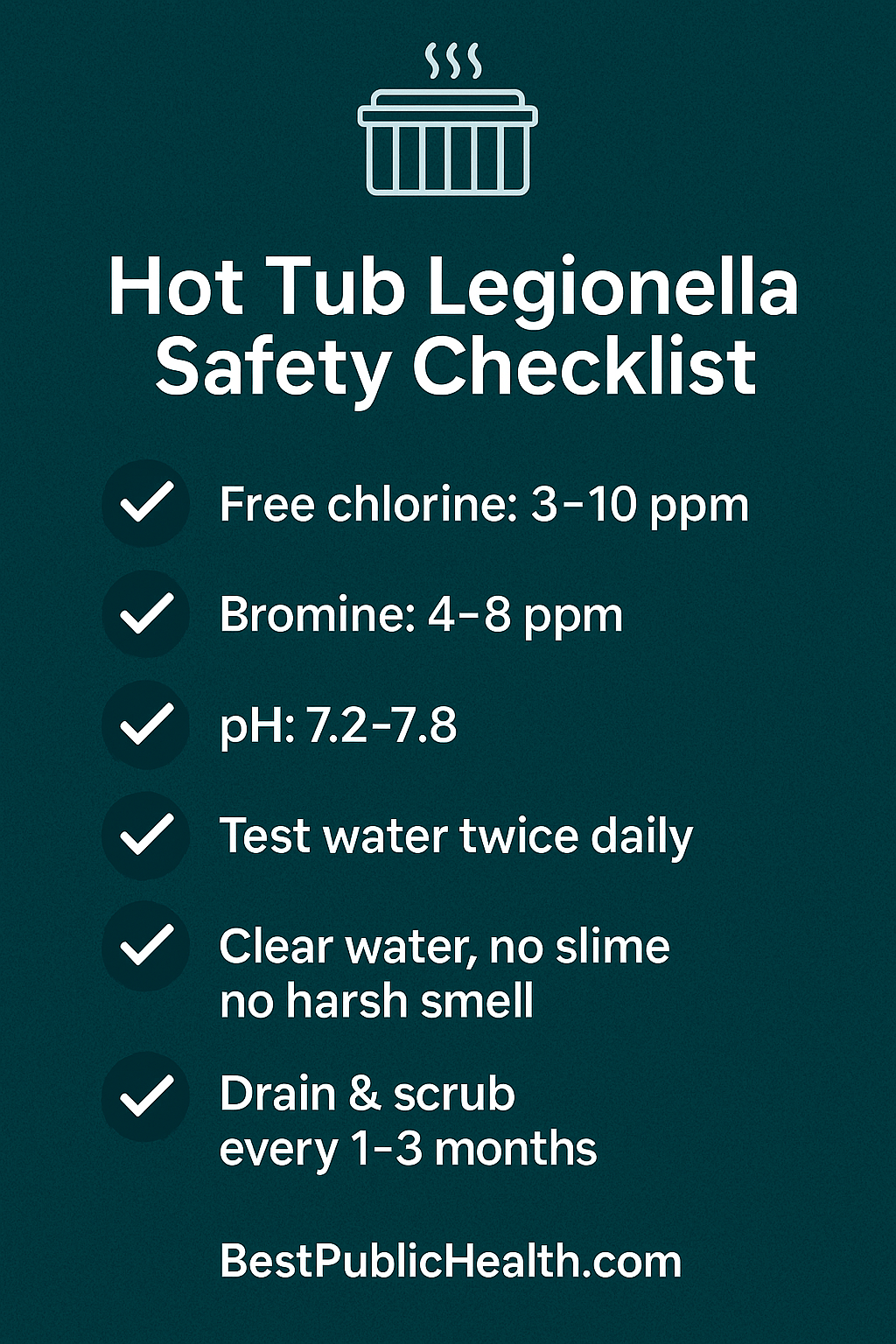 Hot tub safety: chlorine 3–10 ppm, bromine 4–8 ppm, pH 7.2–7.8