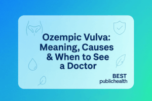 Ozempic Vulva: Meaning, Causes, Fixes & When to See a Doctor – informational banner with blue-to-teal gradient and BEST publichealth branding.