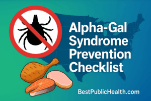 “Alpha-Gal Syndrome 2025 prevention checklist with safe foods and U.S. map”