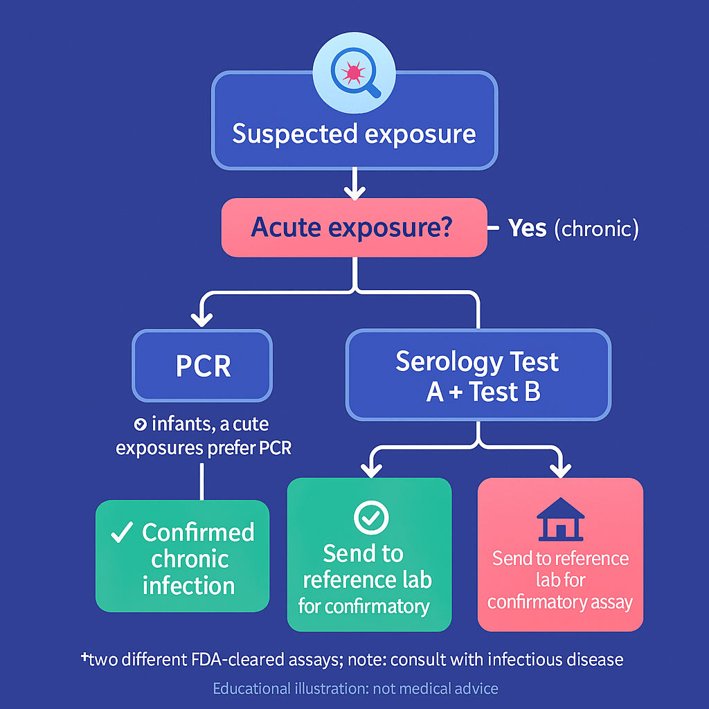 Flowchart of U.S. Chagas testing: PCR for acute; two different serology assays for chronic with reference confirmation if discordant