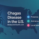 Stylized U.S. map with icons for kissing bug presence, animal positives, and local human cases.