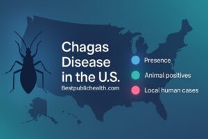Stylized U.S. map with icons for kissing bug presence, animal positives, and local human cases.