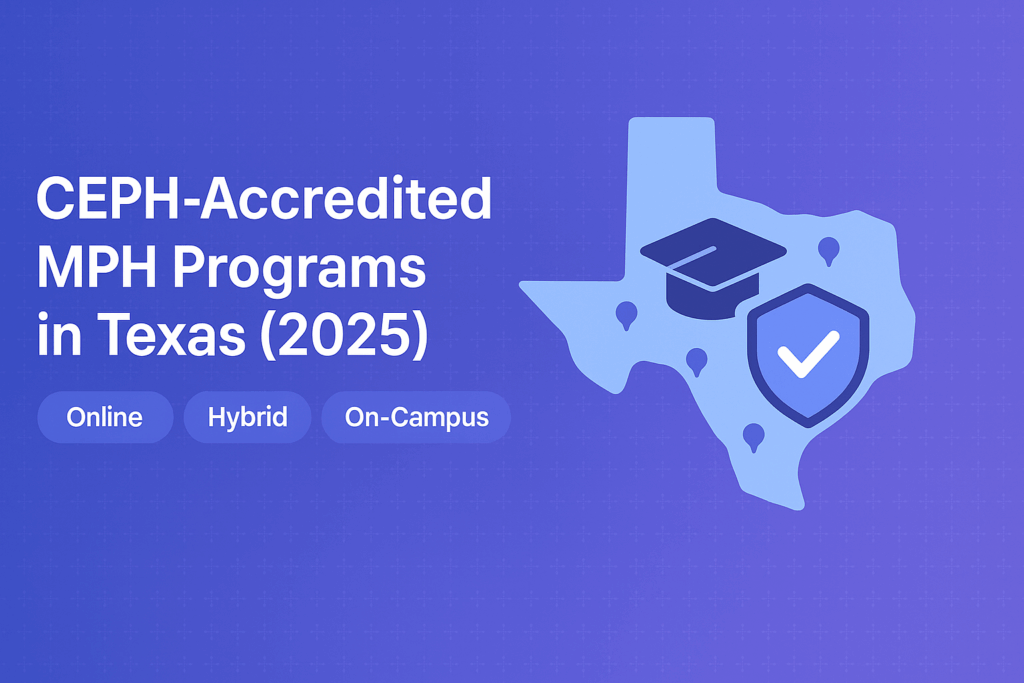 CEPH-accredited MPH programs in Texas illustrated with Texas map and accreditation shield.