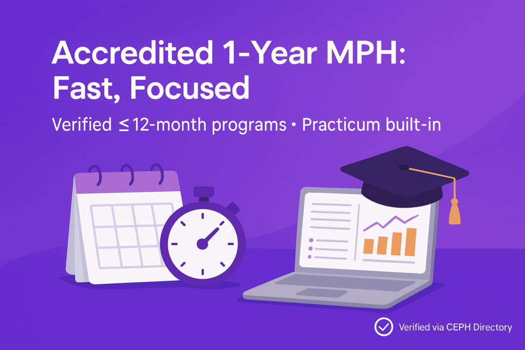 Accelerated 1-Year MPH Programs hero—calendar, stopwatch, laptop, graduation cap (accredited 12-month MPH)