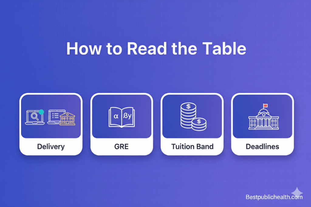 Legend for delivery, GRE, tuition band, and deadlines in the Texas MPH comparison table.