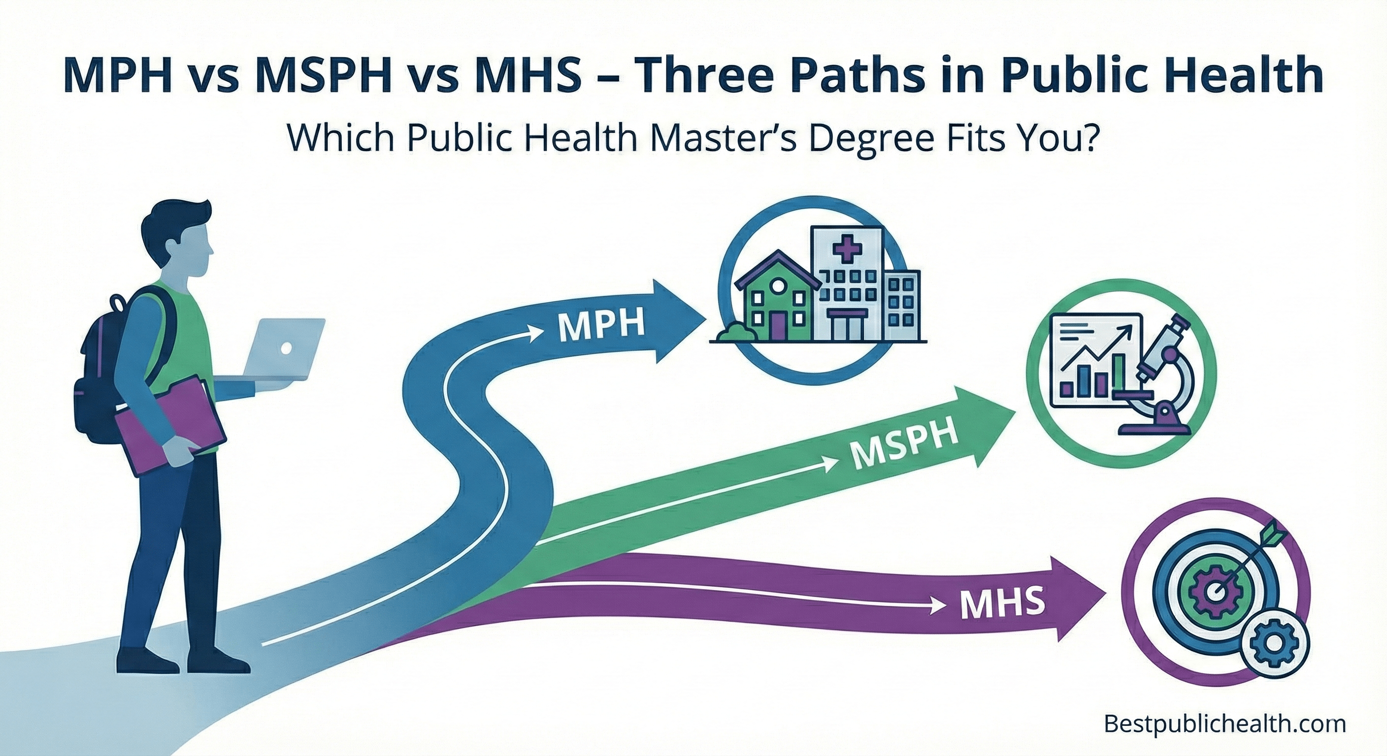 vector illustration comparing MPH vs MSPH vs MHS public health master’s degrees