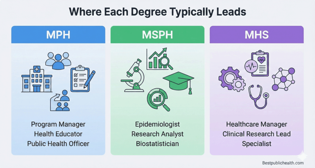 Vector infographic showing typical career roles associated with MPH, MSPH, and MHS degrees.