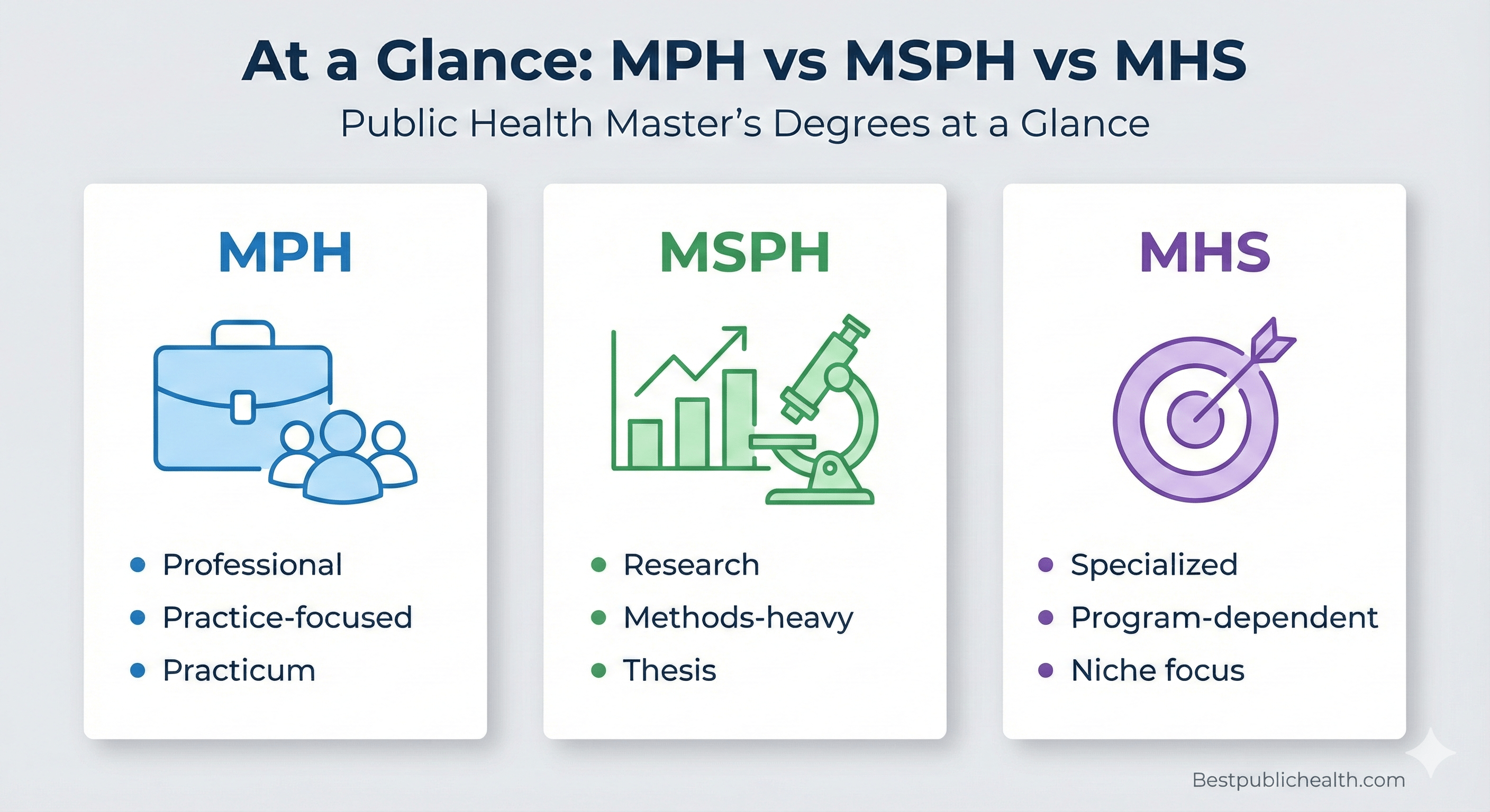 Vector infographic with three cards comparing MPH, MSPH, and MHS degrees by focus and structure.