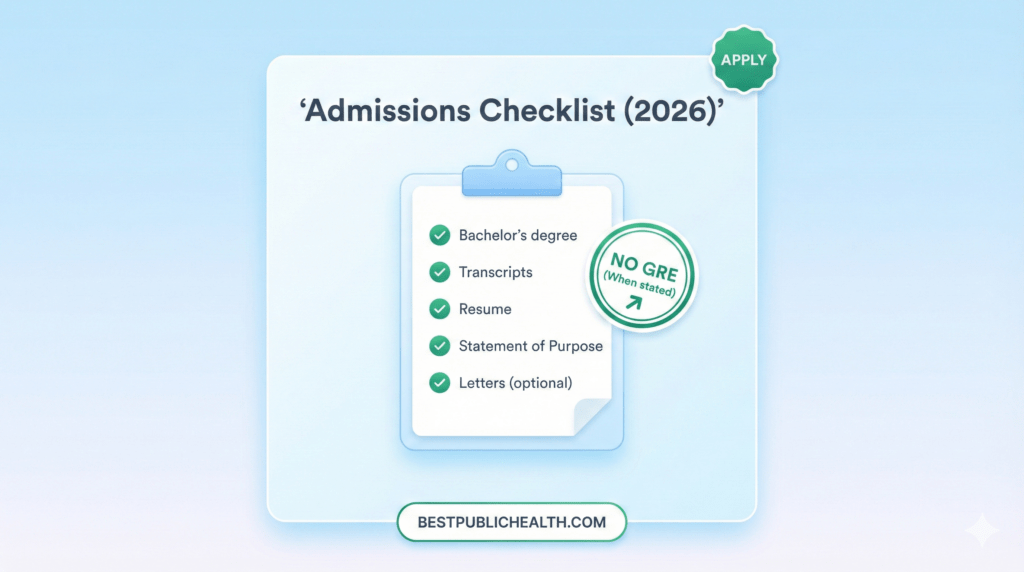 Admissions checklist for public health graduate certificate programs, including No GRE notes.