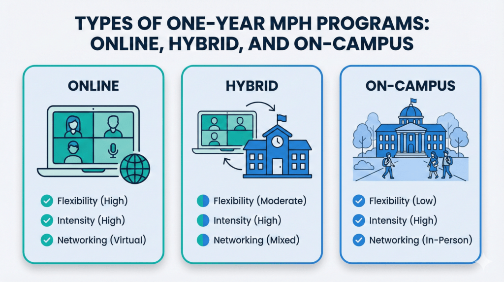 Vector illustration of three types of one-year MPH programs: online, hybrid, and on-campus.