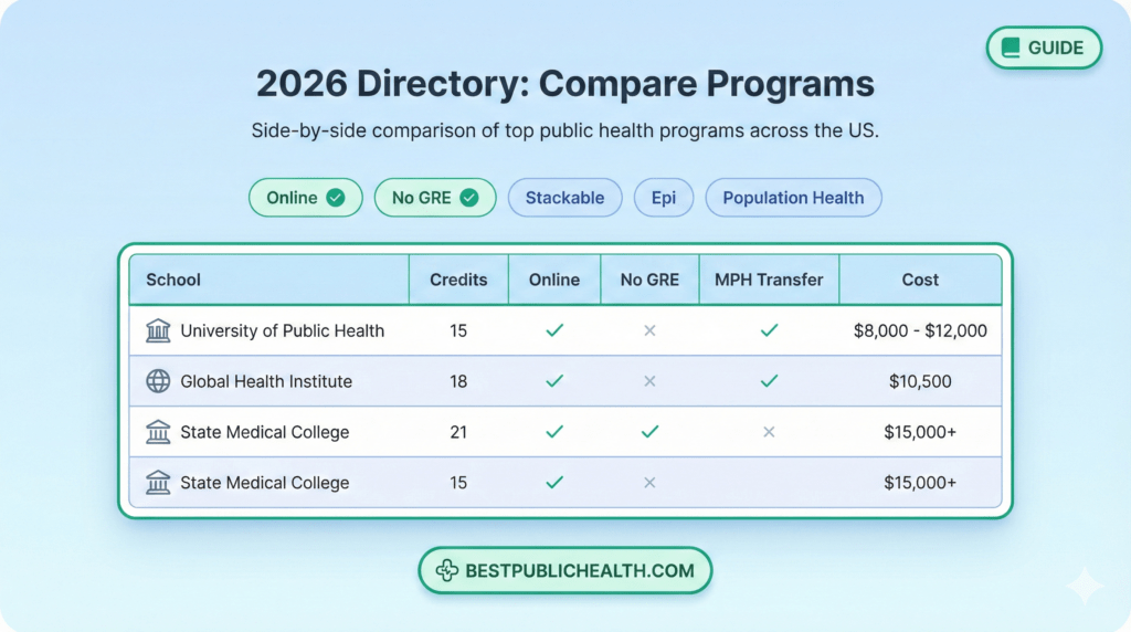 Comparison table of U.S. public health graduate certificate programs (2026).