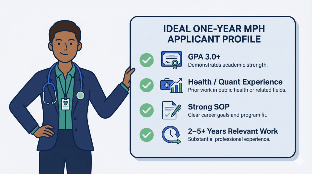 Vector illustration of an ideal one-year MPH applicant with a checklist of GPA, experience, and statement of purpose requirements.