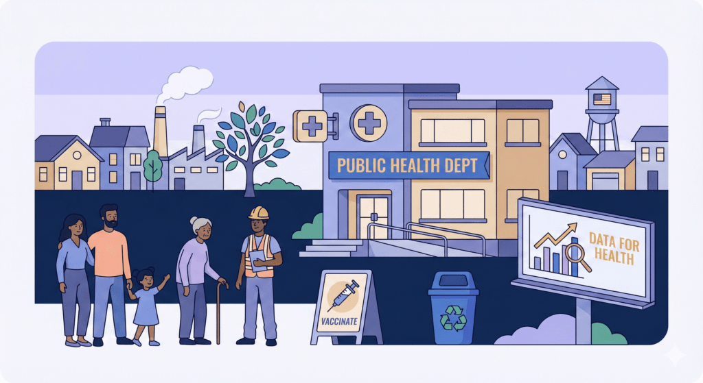 Vector city scene with a public health department building, community members, and local environmental elements representing US public health.