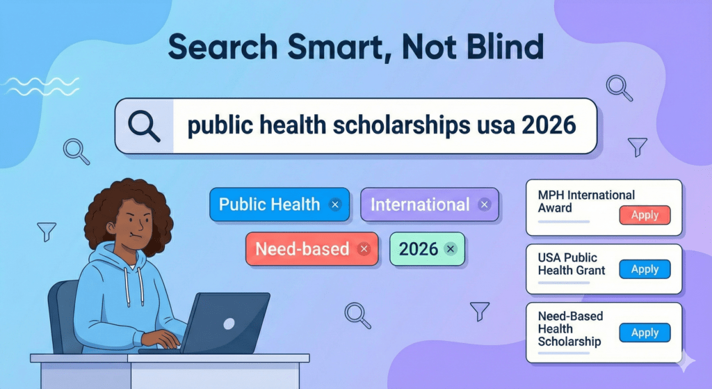 Vector scene of a student using a search bar and filters to narrow down public health scholarships in the USA for 2026.