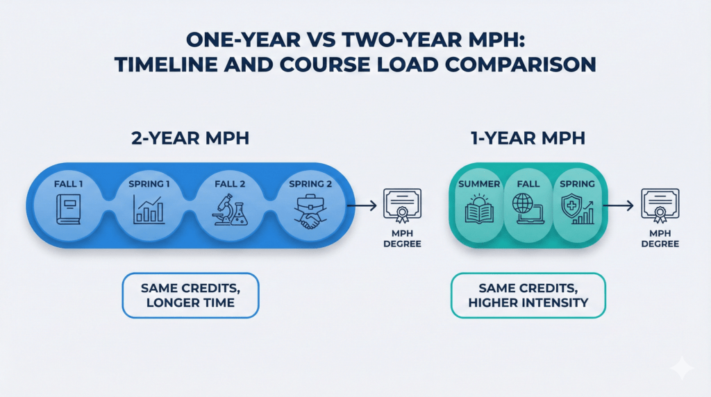 Vector comparison chart showing two-year MPH versus one-year accelerated MPH timelines and course load.