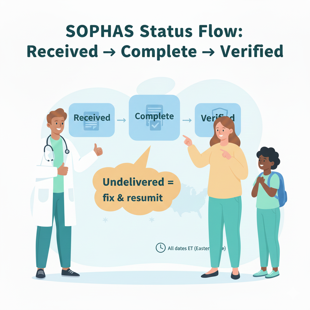 SOPHAS verification status flow from Complete to Verified and Undelivered