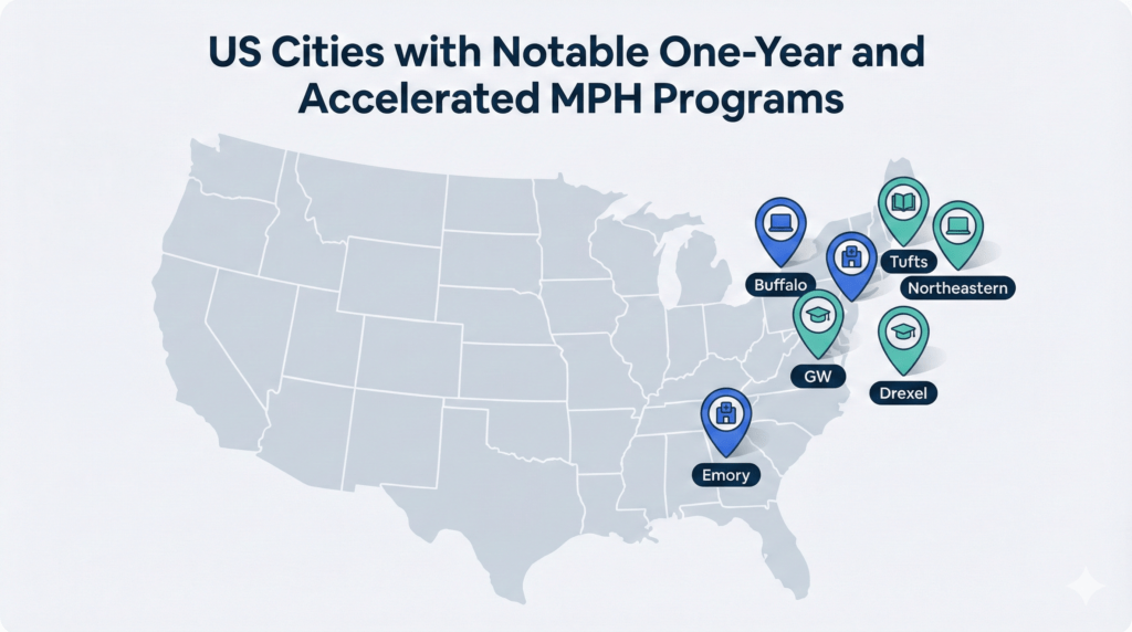 Vector map of the United States highlighting cities with notable one-year and accelerated MPH programs.