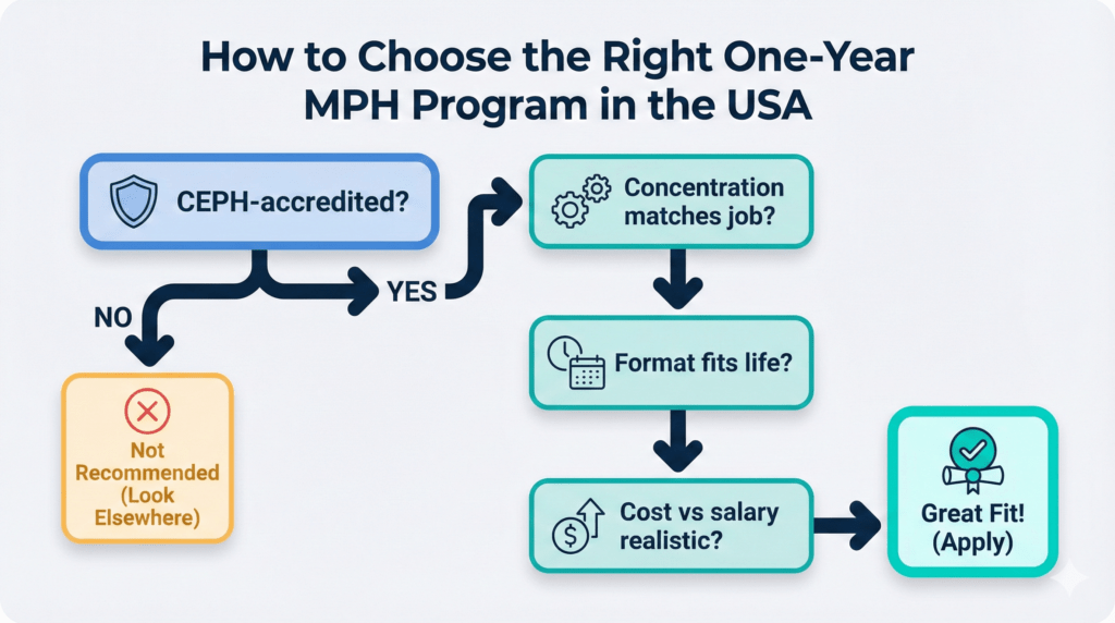 Vector decision flowchart for choosing an accredited one-year MPH program that fits goals, format, and budget.