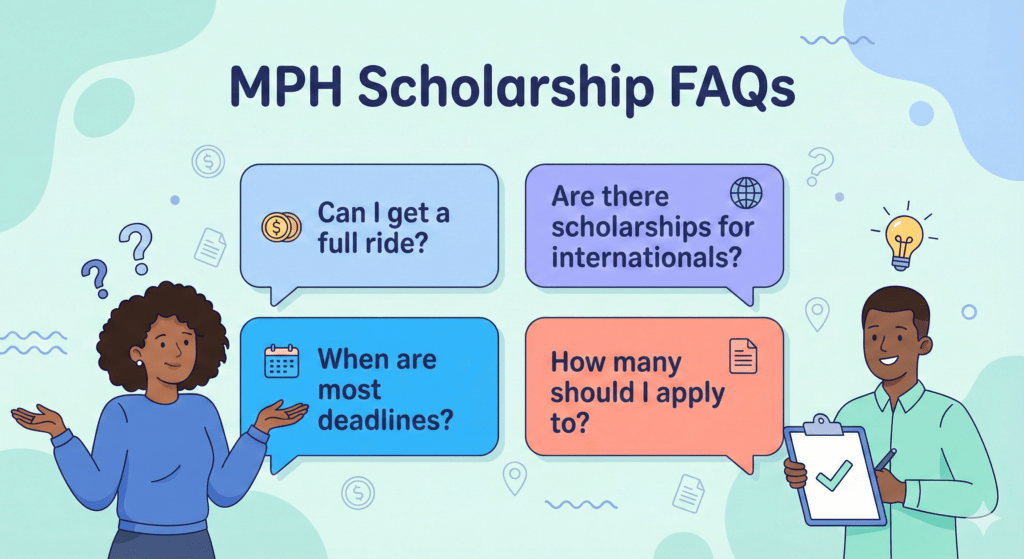 Vector illustration of students discussing MPH scholarship FAQs in overlapping chat bubbles with short common questions.