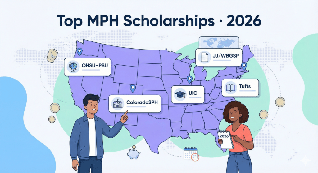 Vector map of the United States with scholarship cards labelled for major MPH funding options and two students reviewing them.