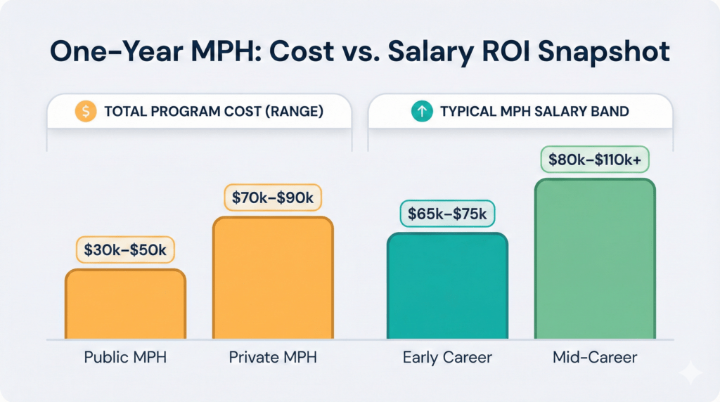 Vector bar chart comparing typical one-year MPH program costs with early and mid-career MPH salary ranges.