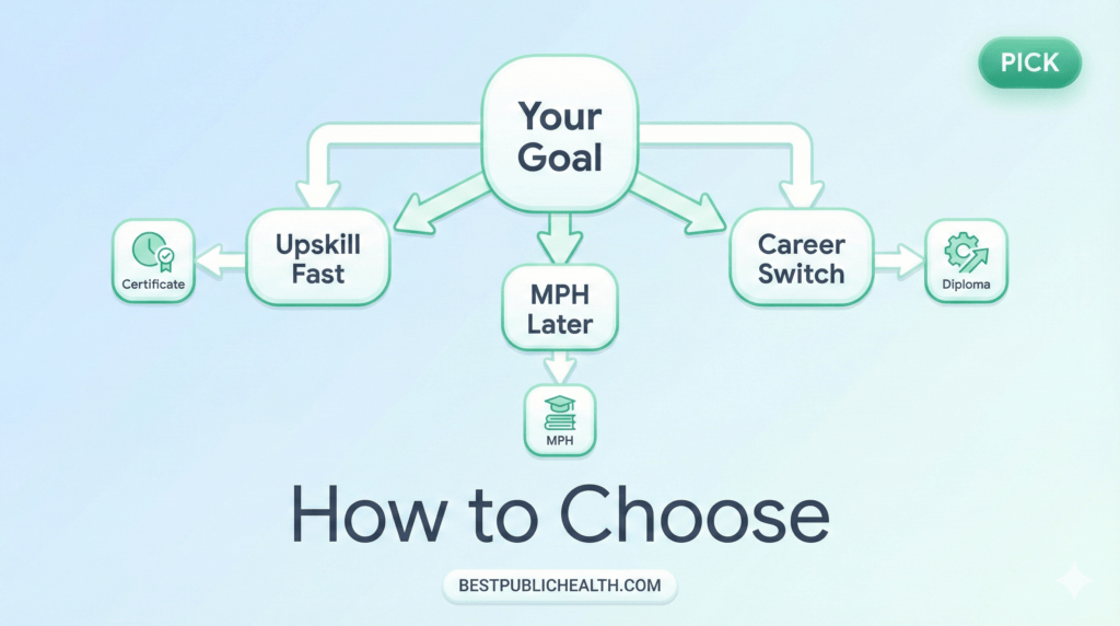 Decision tree for choosing the right online public health graduate certificate program.
