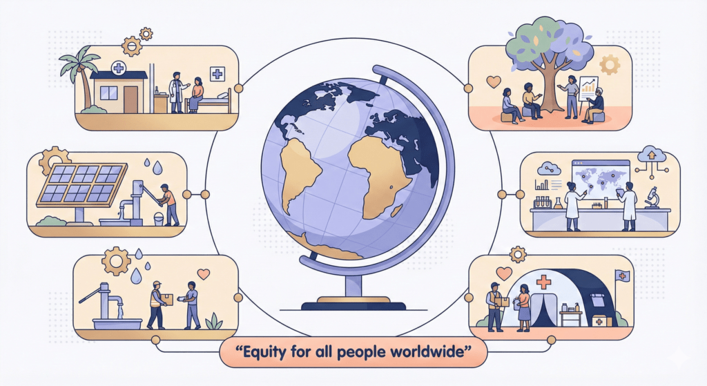 Vector illustration of a globe surrounded by small scenes of clinics, community meetings, labs, and humanitarian tents, symbolizing global health work