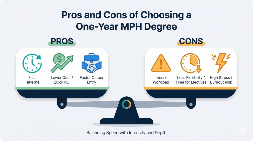 Vector illustration of a balanced scale comparing pros and cons of one-year MPH programs.