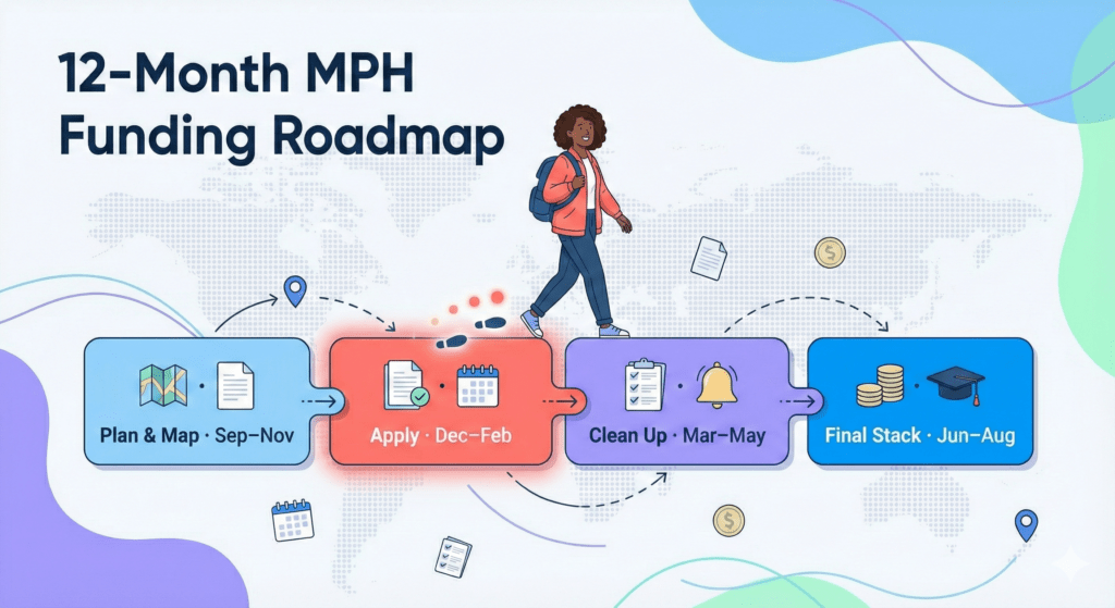Vector timeline showing a 12-month plan to fund a 2026 MPH, from planning and applications to assistantships and final loan decisions.