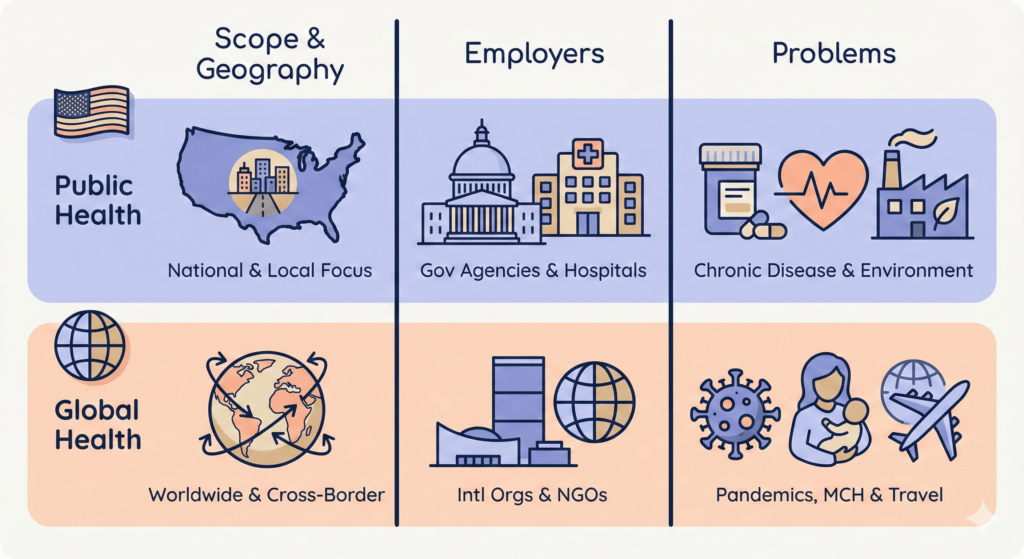 Vector comparison chart showing scope, employers, and typical problems for public health versus global health.