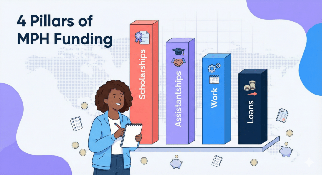 Vector graphic with four funding pillars—scholarships, assistantships, work, and loans—showing different ways to pay for an MPH in the USA.
