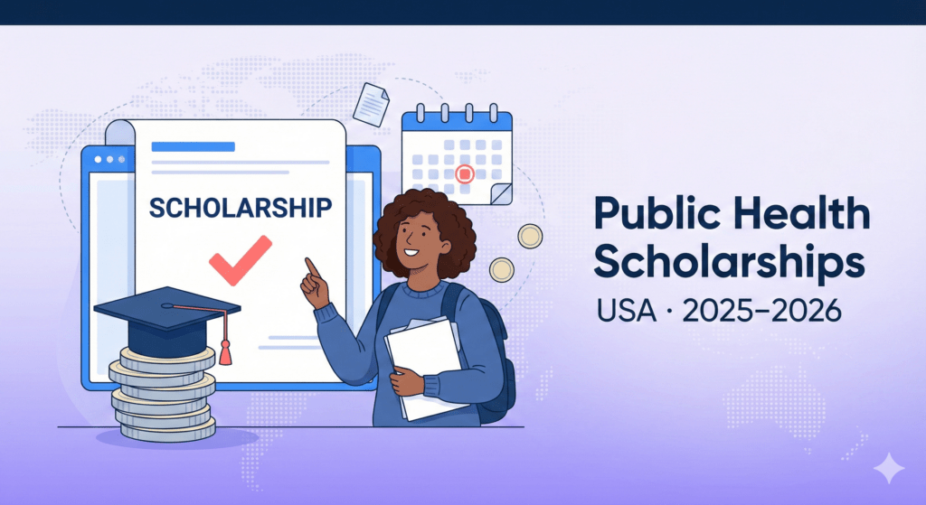 Vector illustration of a public health student celebrating a scholarship offer with coins, graduation cap, and a highlighted deadline calendar.