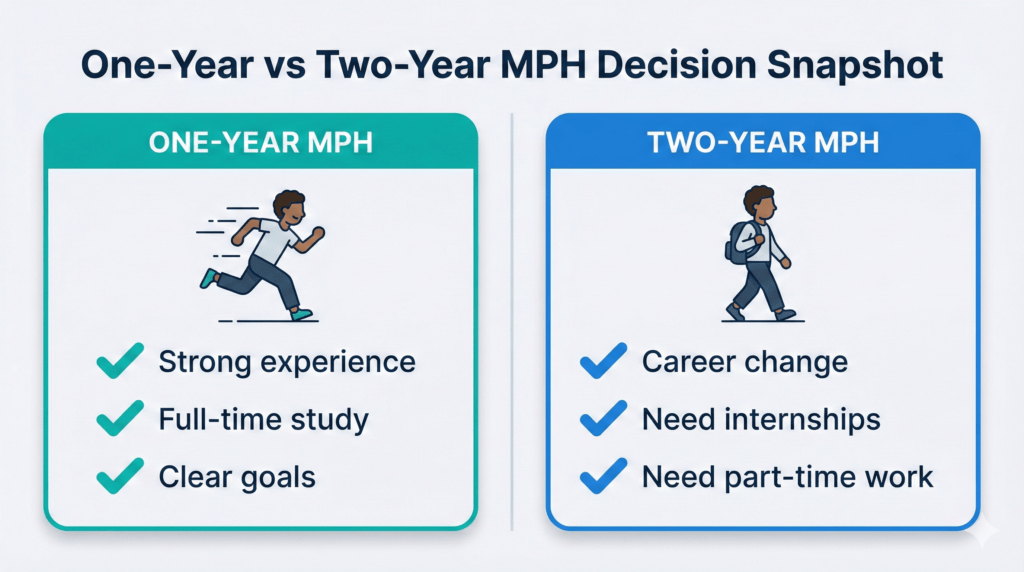 Vector comparison graphic showing who should choose a one-year MPH versus a two-year MPH.