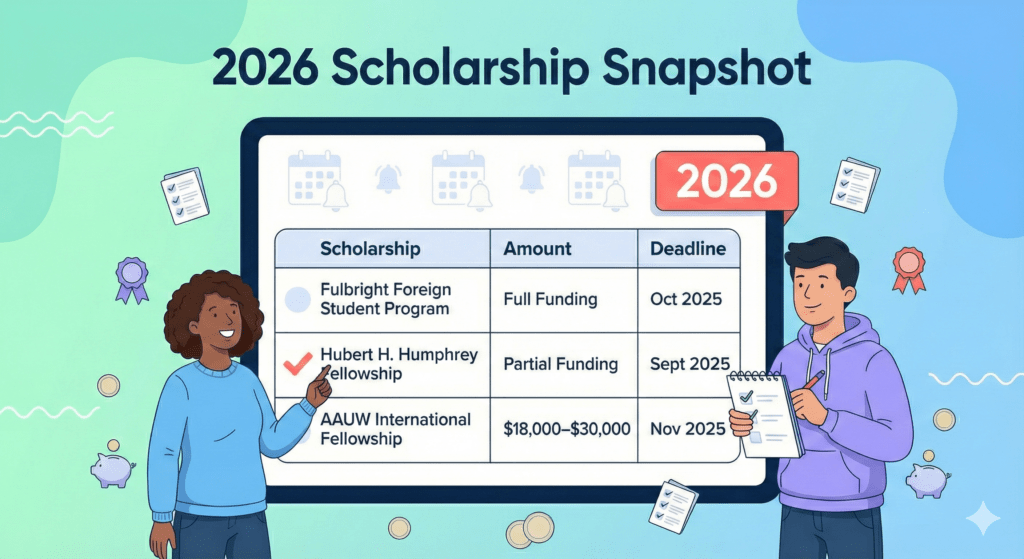 Vector illustration of a digital dashboard listing 2026 MPH scholarships with columns for scholarship name, amount, and deadline.