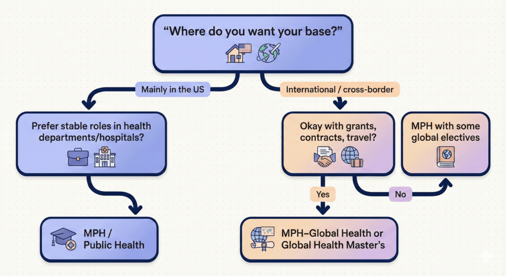 Vector decision flowchart helping students choose between public health and global health degrees based on location and risk tolerance.