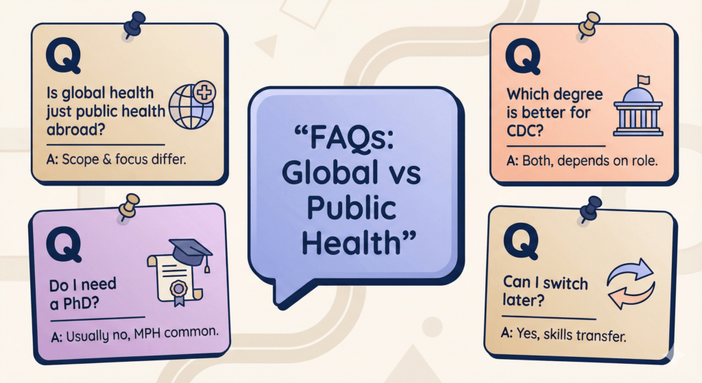 Vector FAQ board with question cards about global versus public health degrees and careers.