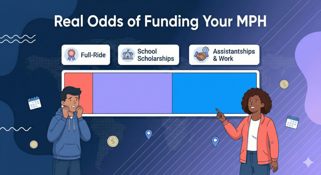 Vector gauge showing full-ride scholarships as a small slice compared to larger school awards and assistantships for MPH funding.