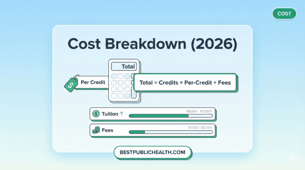 Cost breakdown showing tuition per credit and fees for graduate public health certificates.