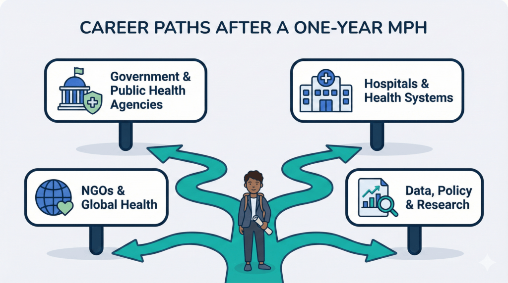 Vector illustration of a graduate choosing between career paths after a one-year MPH: government, hospitals, NGOs, and data or policy roles.