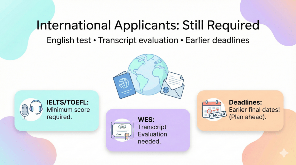 International applicant requirements for no GRE MPH programs 2026 IELTS WES