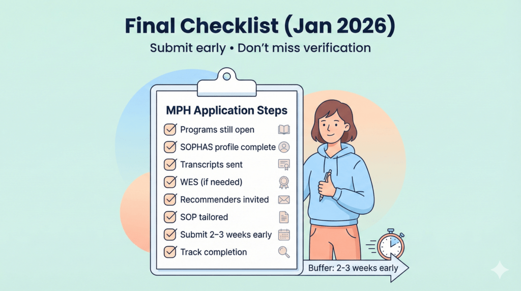 Final checklist for no GRE MPH programs 2026 SOPHAS transcripts recommenders