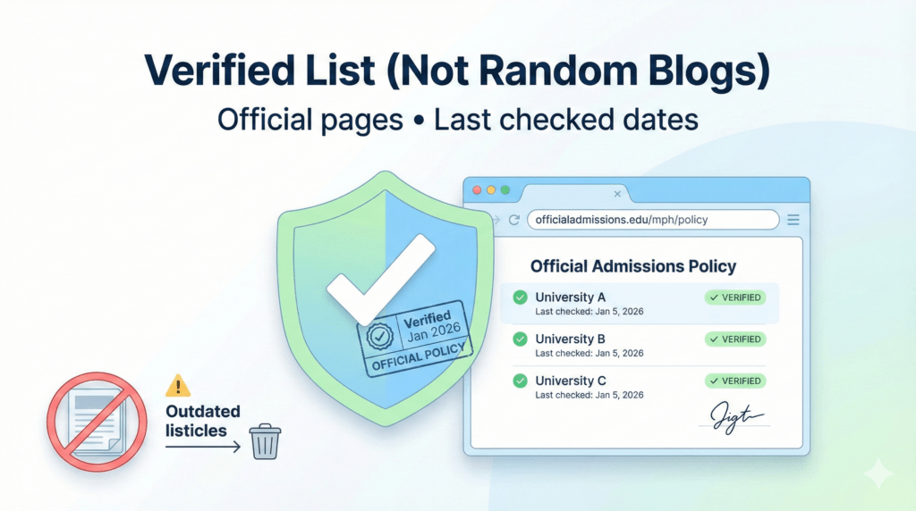 Verified no GRE MPH programs 2026 official admissions pages