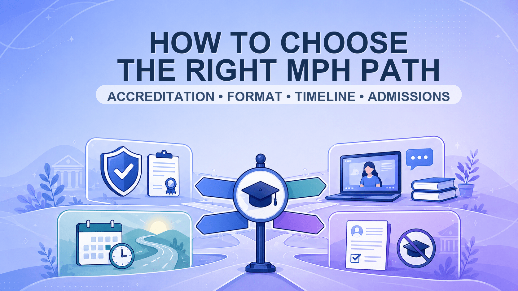 Decision graphic showing accreditation, format, timeline, and admissions pathways for MPH programs