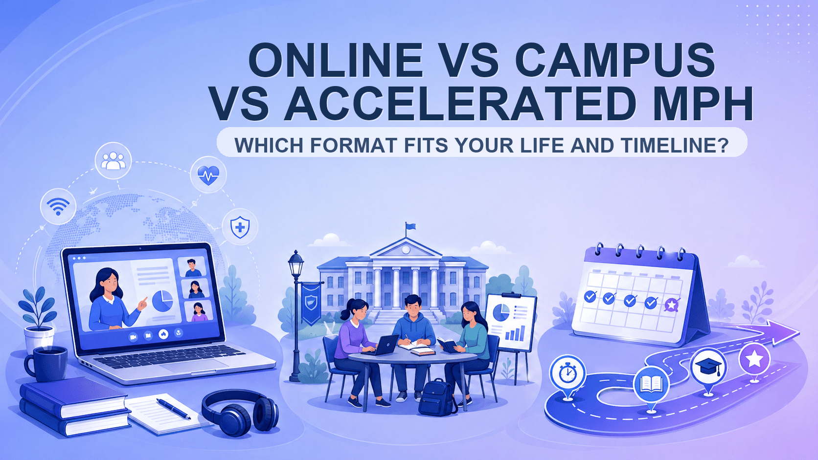 Comparison graphic showing online, campus, and accelerated MPH study formats