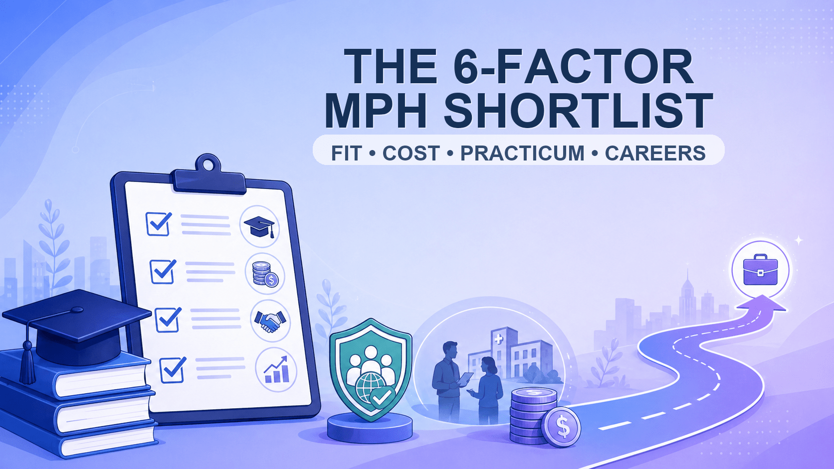 Shortlist graphic showing fit, cost, practicum, and career factors for comparing MPH programs
